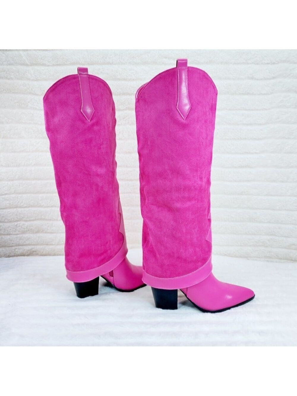 Branded Fuchsia Pink Skirted Fold Over Western Shark  Knee High Cowgirl Boots